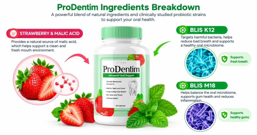 ProDentim active ingredients breakdown showing BLIS K12, BLIS M18, and malic acid