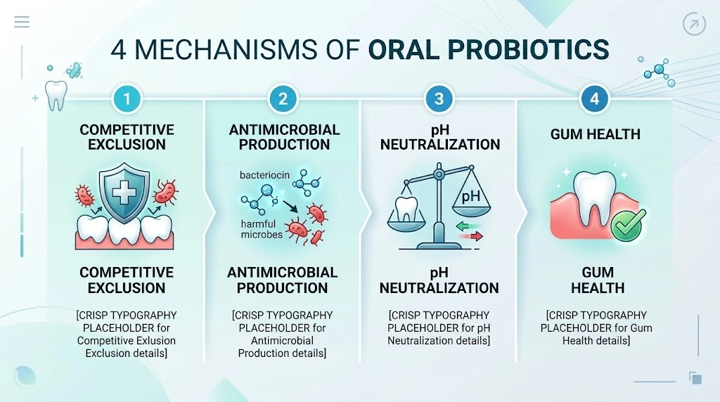 Diagram showing four mechanisms of oral microbiome probiotics
