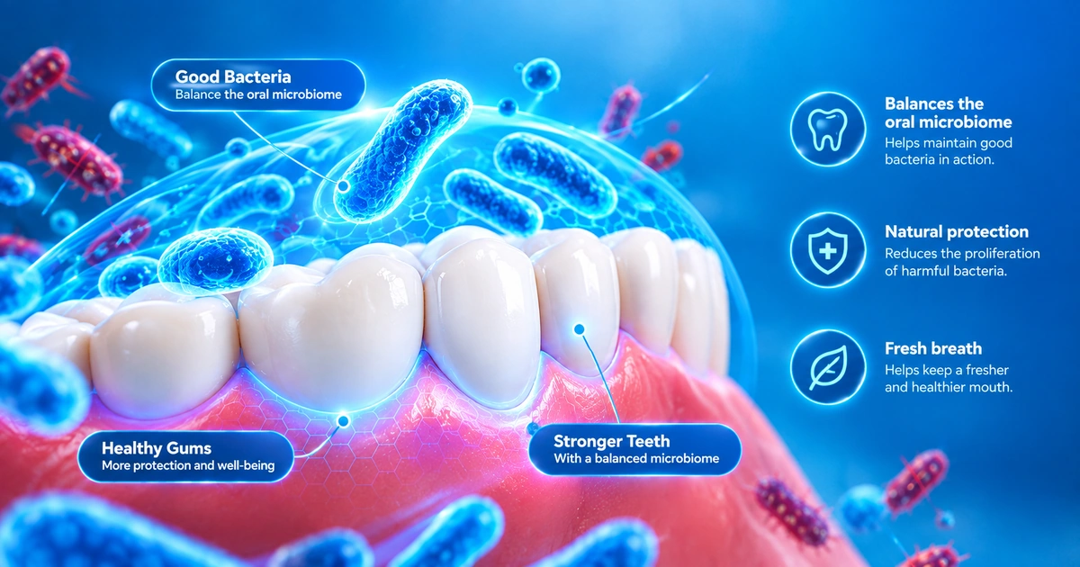 Diagram illustrating how good bacteria balance the oral microbiome and protect teeth and gums