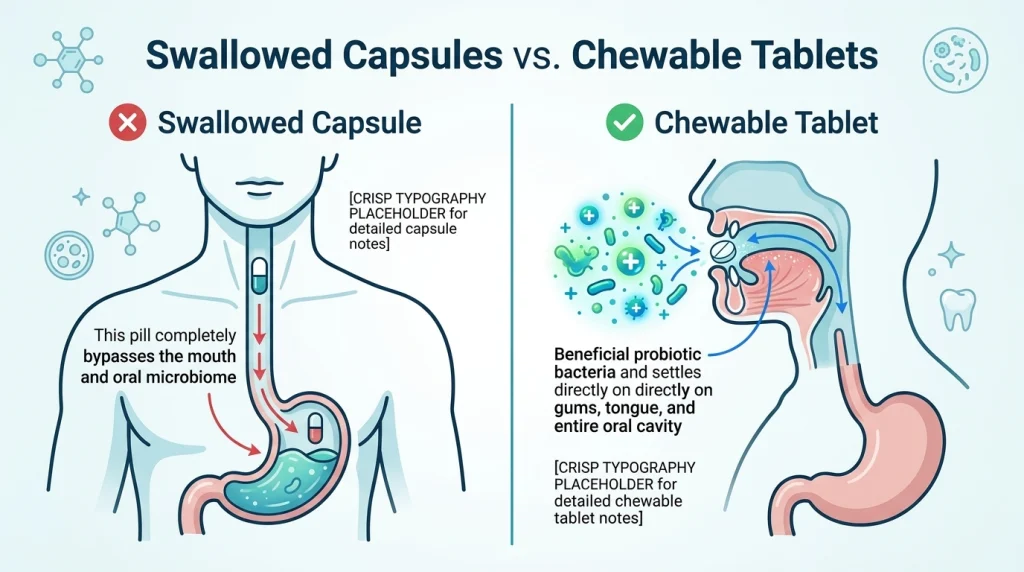 Comparison diagram between swallowed capsules and chewable oral probiotic tablets